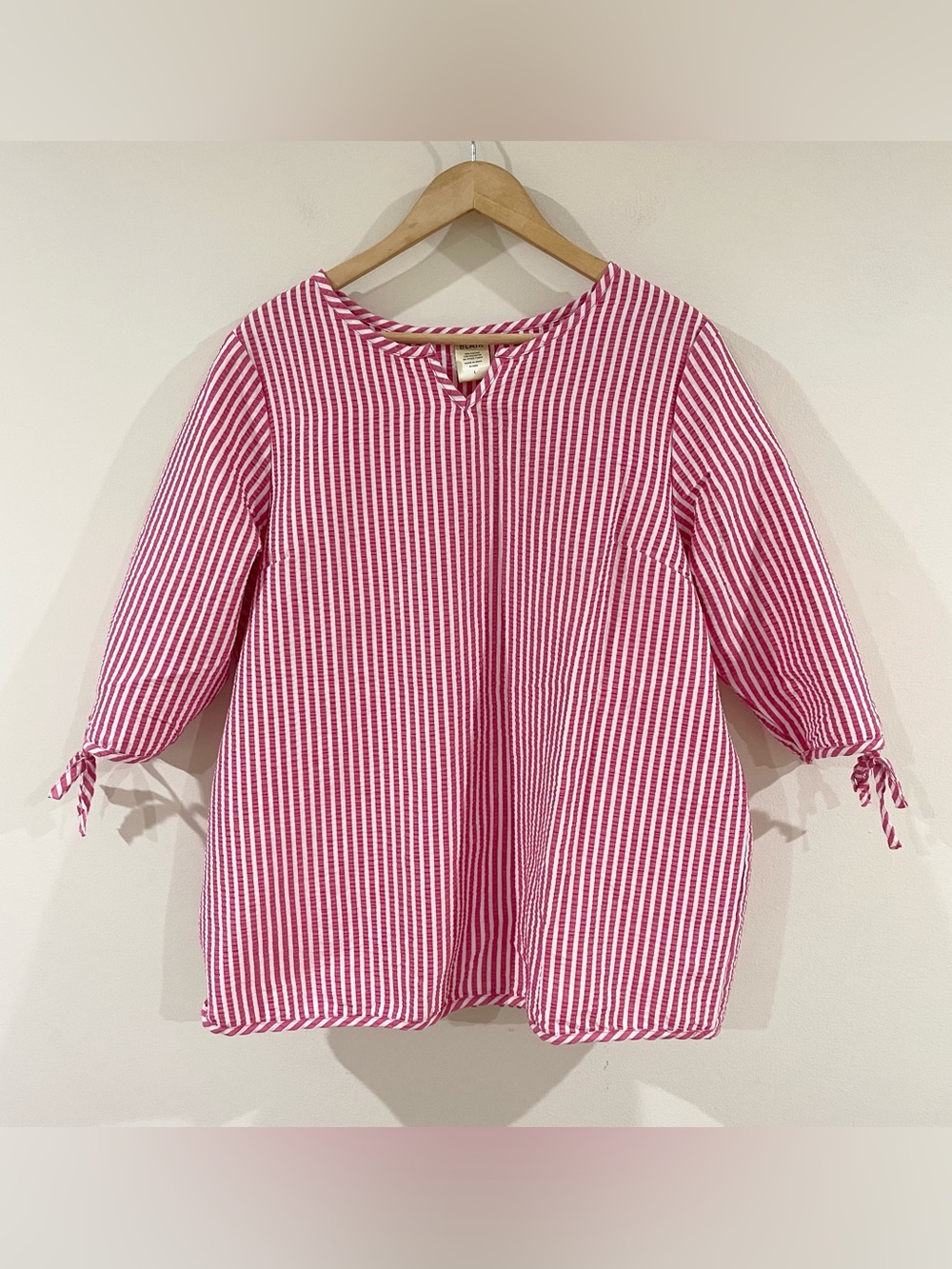Blair Pink Striped Seersucker Women's Tie-Sleeve Blouse Tunic Top size L